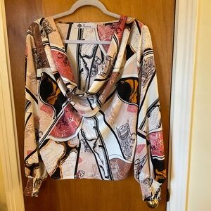 Towne Long Sleeve Pullover Blouse Plunging Drape Neck Sz L